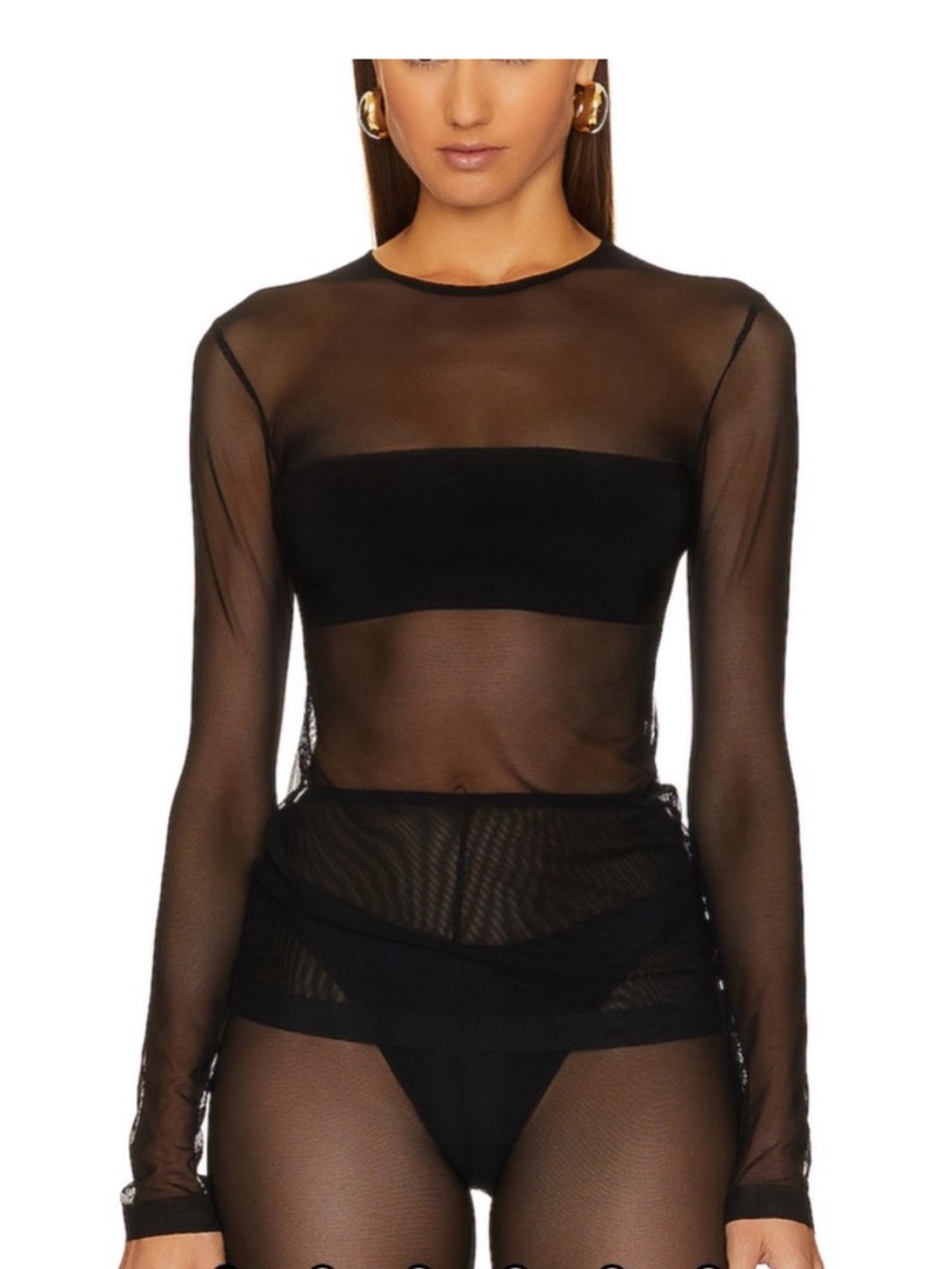 Norma Kamali Long Sleeve Crewneck Dash Applique Top Black Mesh Sheer Revolve M